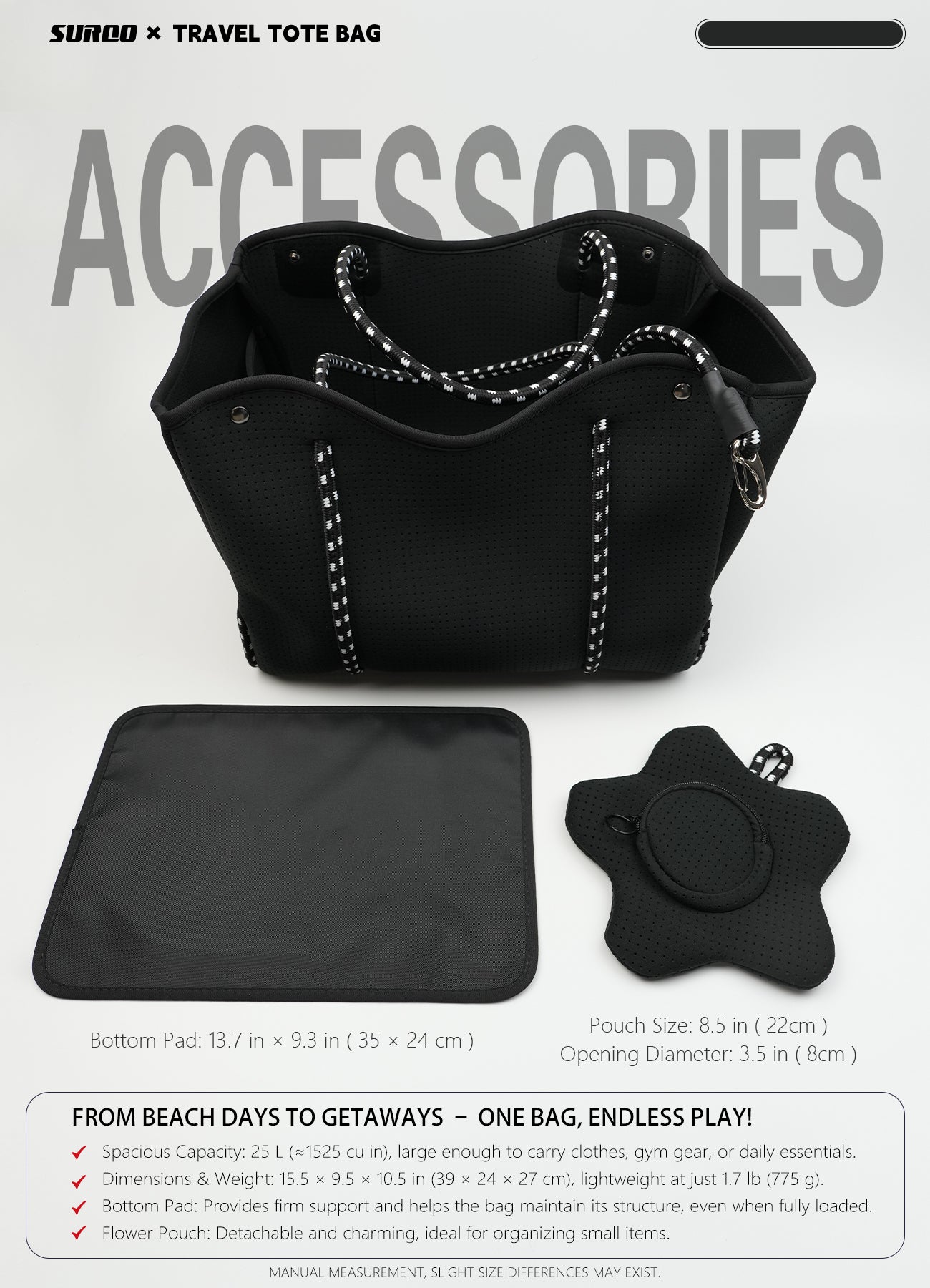 Neoprene Beach Bag – Large Tote for Women (Obsidian Black)