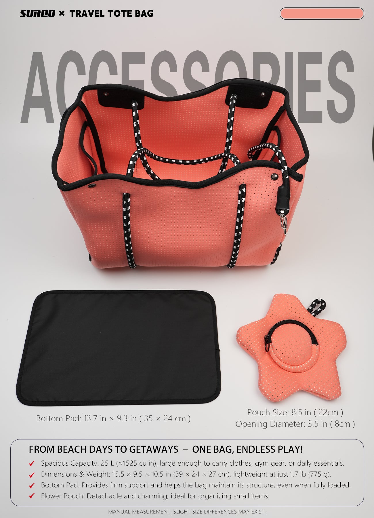 Neoprene Beach Bag – Large Tote for Women (Twilight Pink)