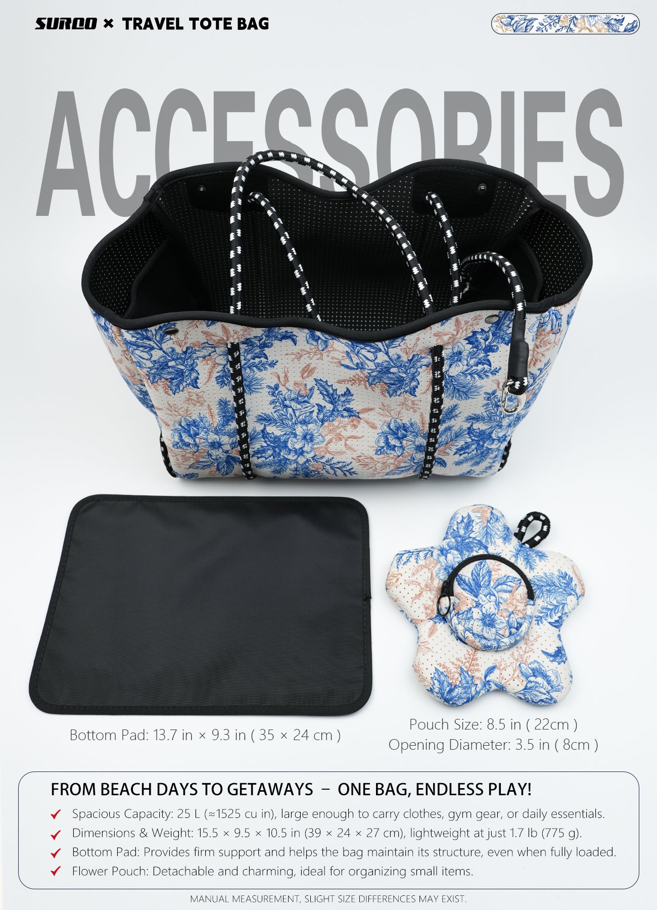 Neoprene Beach Bag – Large Tote for Women (Royal Blooms)