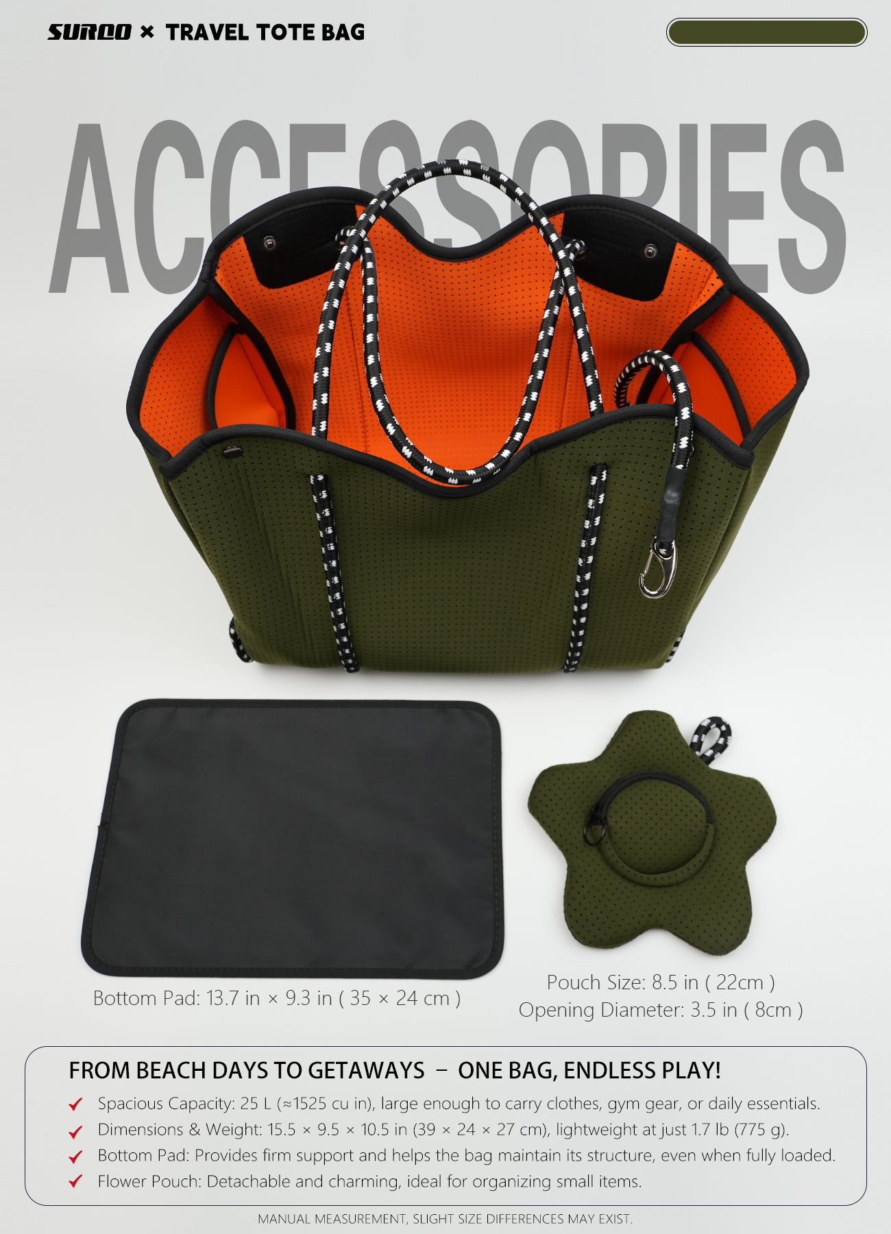 Neoprene Beach Bag – Large Tote for Women(Olive Green)