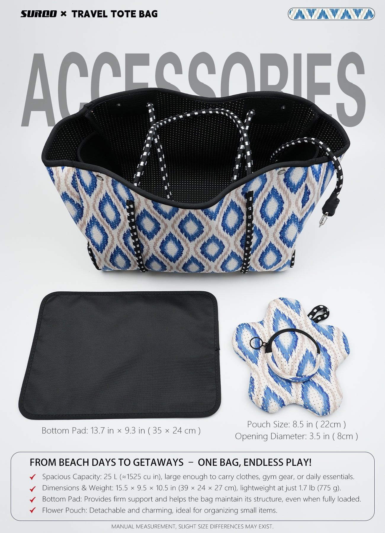 Neoprene Beach Bag – Large Tote for Women (Oceanic Diamond)