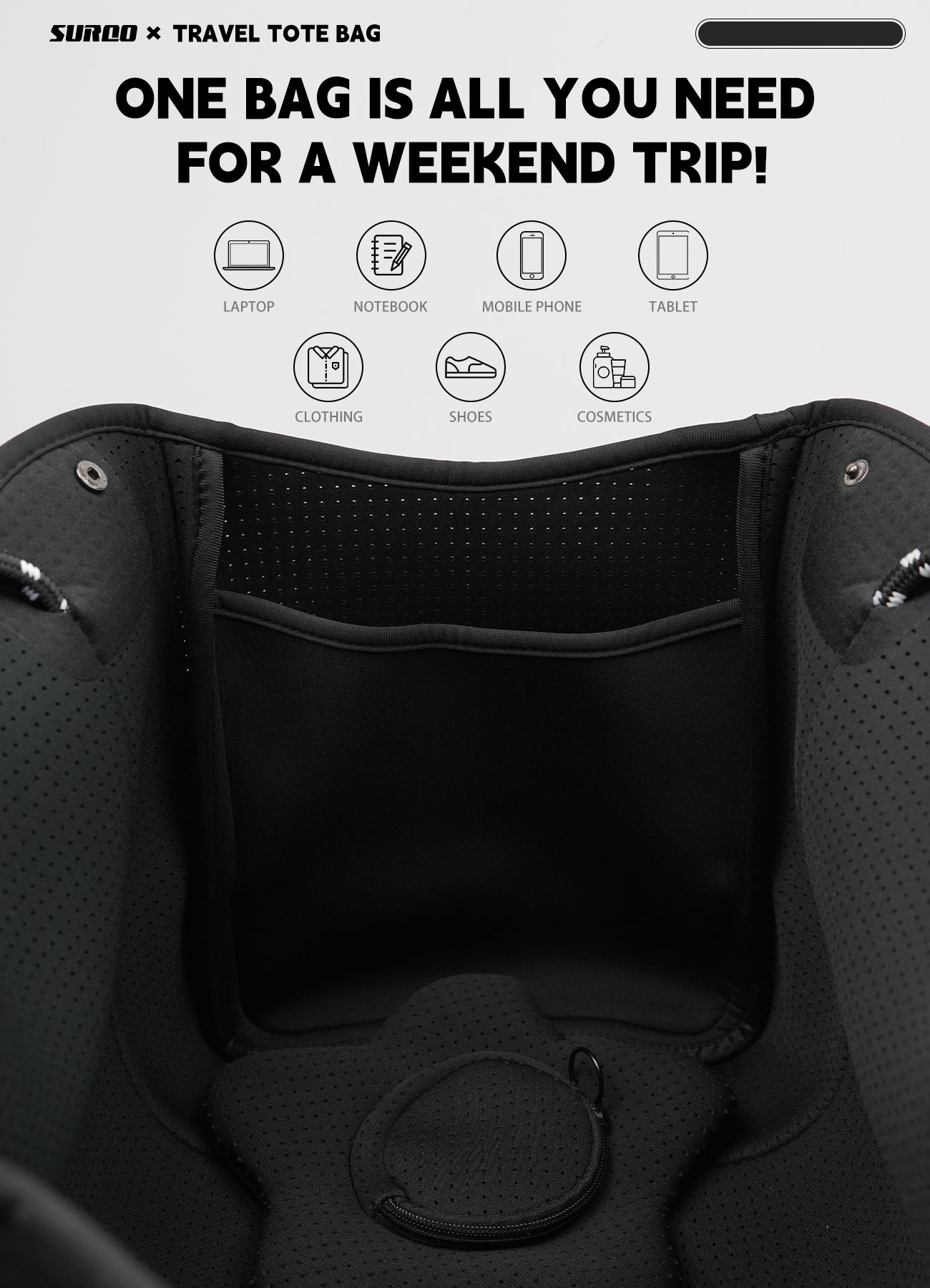 Neoprene Beach Bag – Large Tote for Women (Obsidian Black)