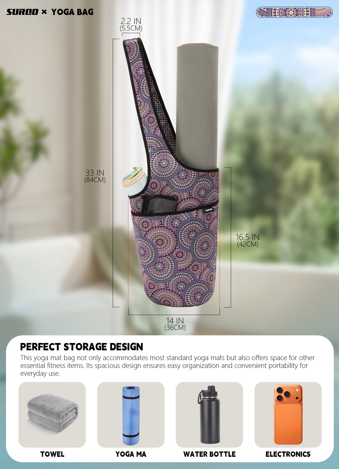 Yoga Mat Bag – Neoprene, Lightweight, Spacious Carrier (Amethyst Dream)