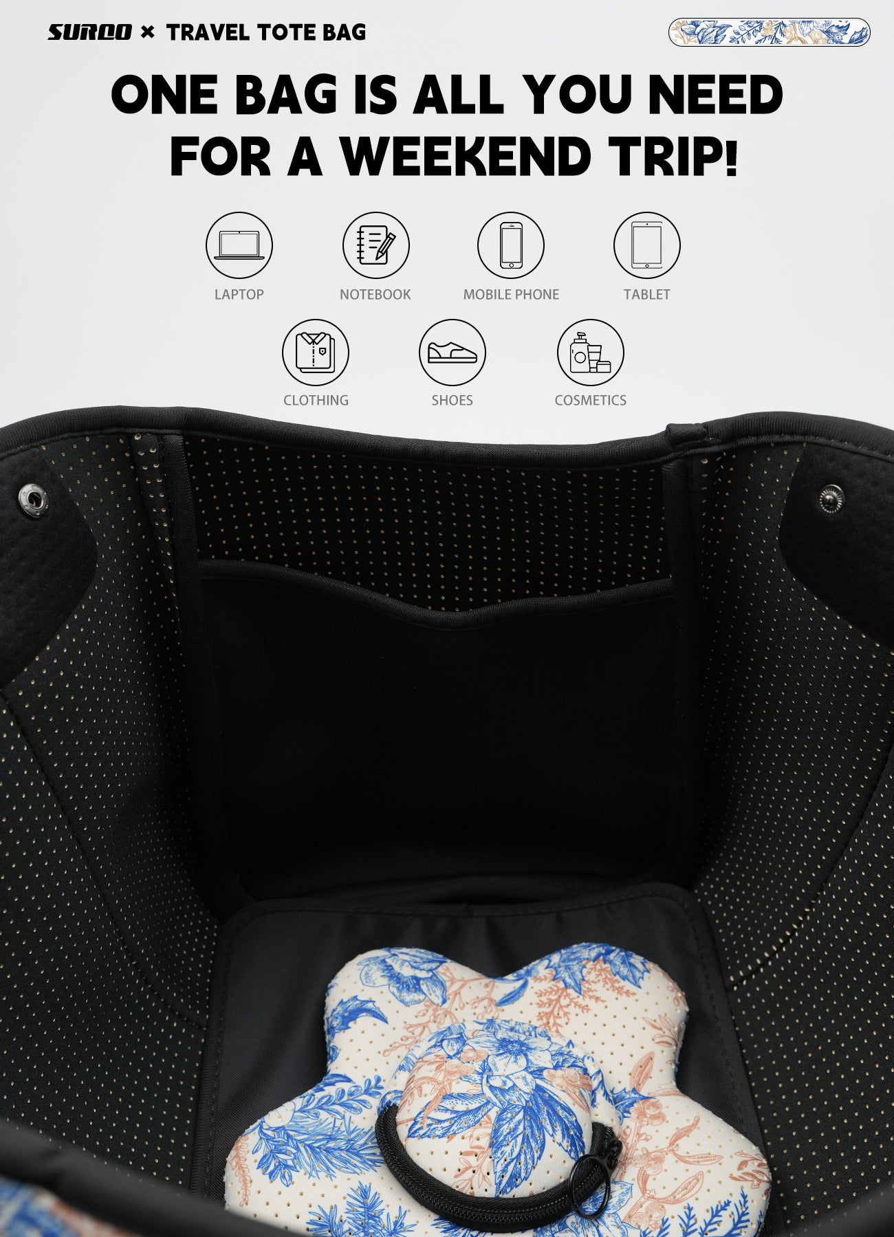 Neoprene Beach Bag – Large Tote for Women (Royal Blooms)