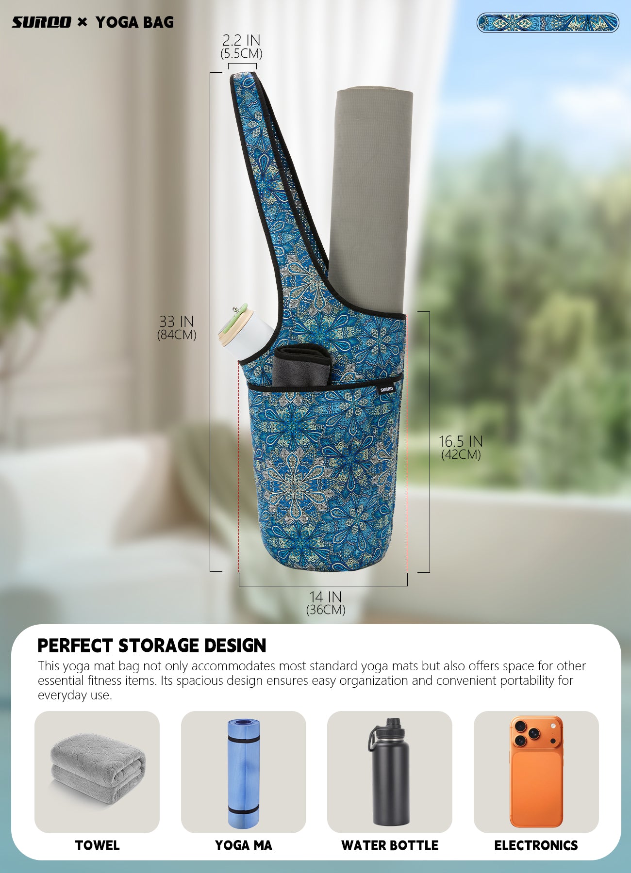 Yoga Mat Bag – Neoprene, Lightweight, Spacious Carrier (Ocean Lotus)