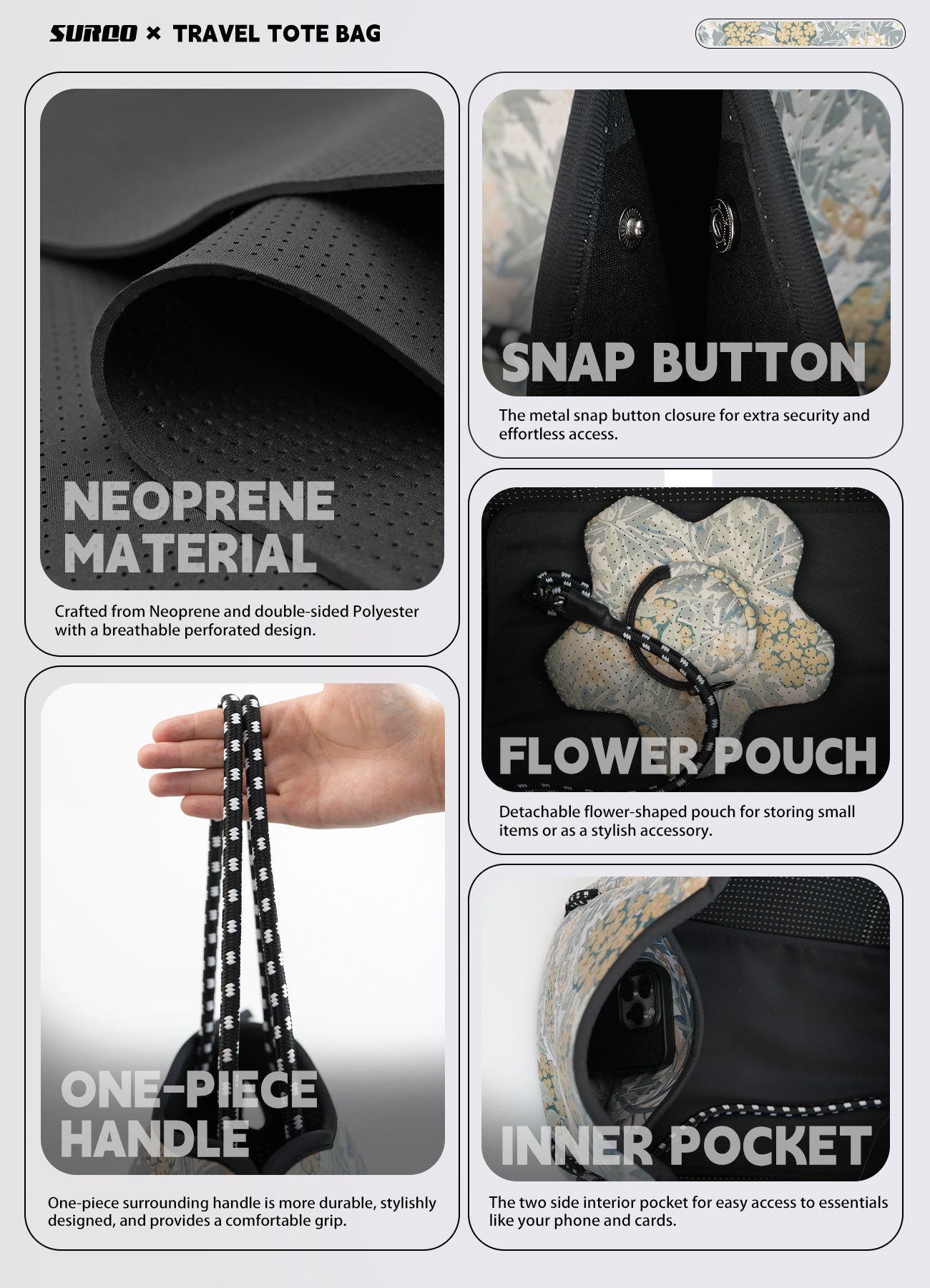 Neoprene Beach Bag – Large Tote for Women (Spring Blossom)