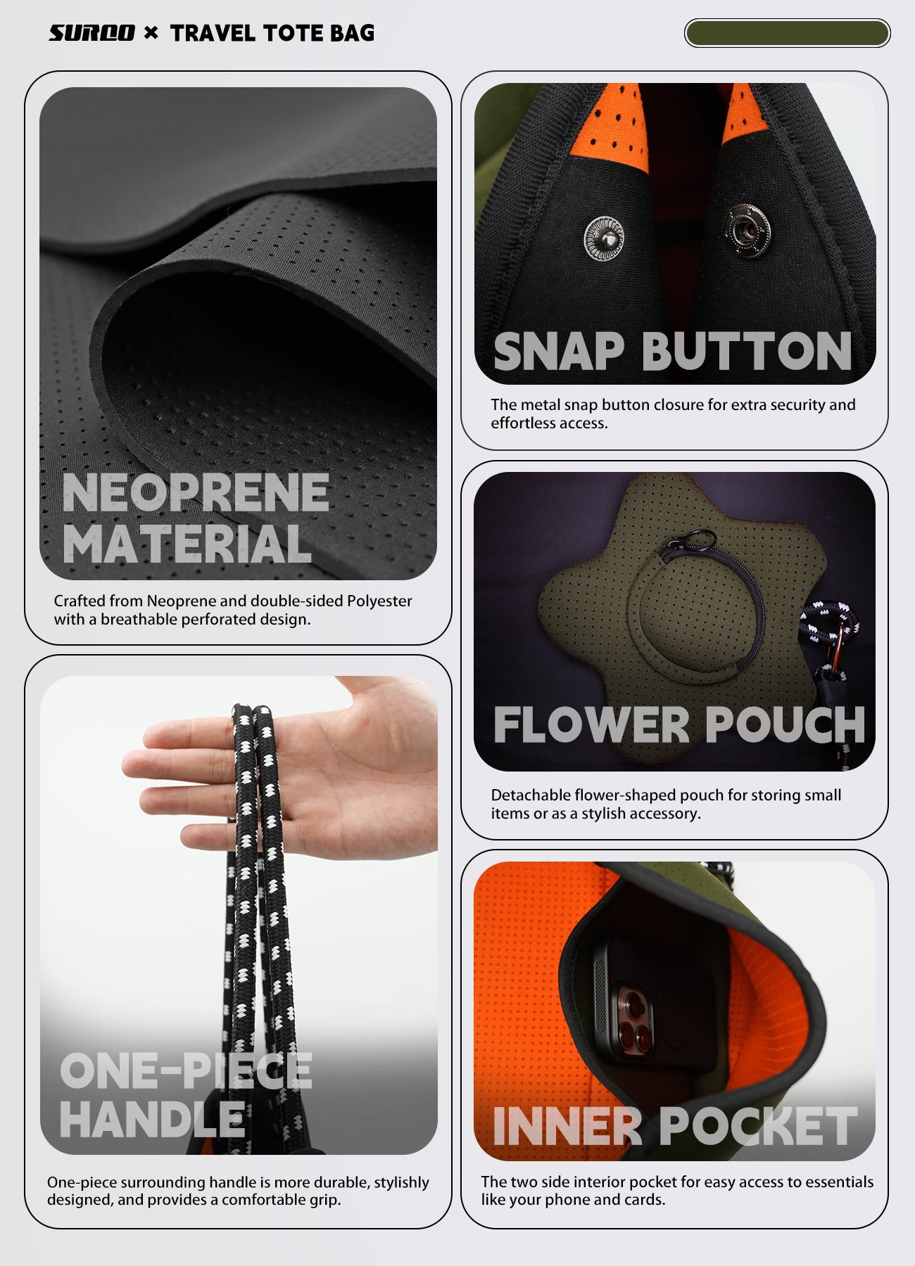 Neoprene Beach Bag – Large Tote for Women(Olive Green)