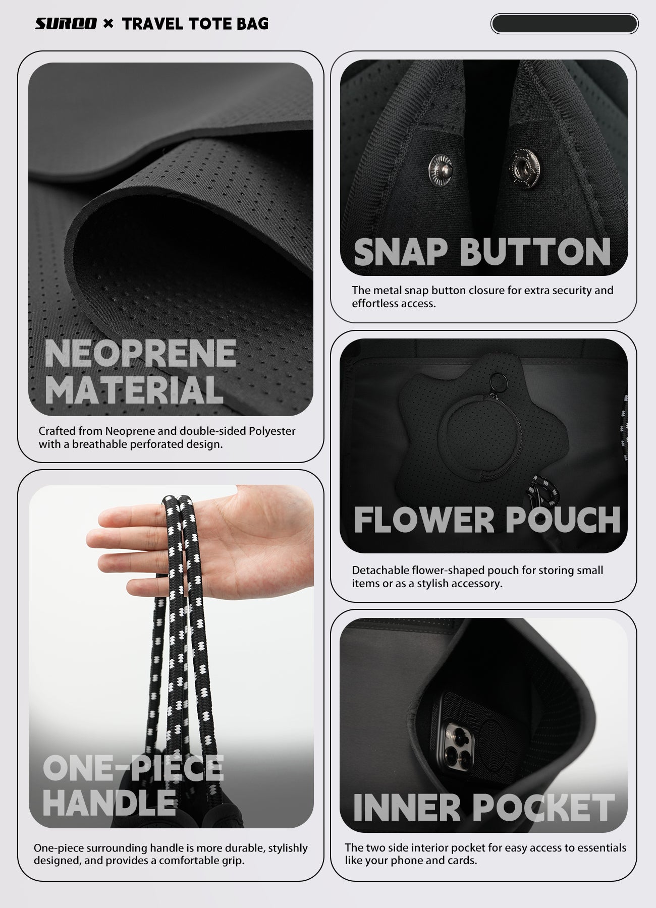 Neoprene Beach Bag – Large Tote for Women (Obsidian Black)