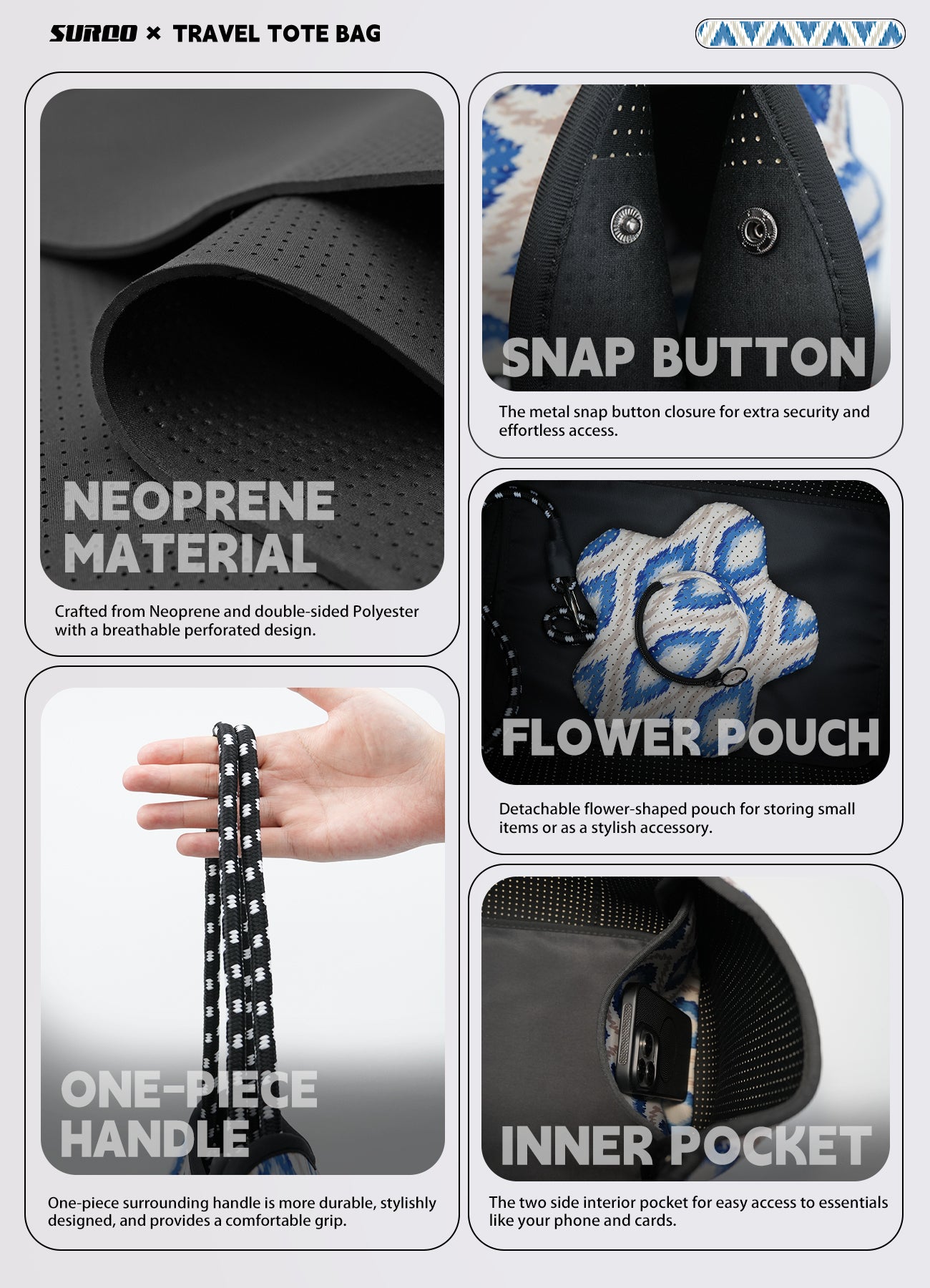 Neoprene Beach Bag – Large Tote for Women (Oceanic Diamond)