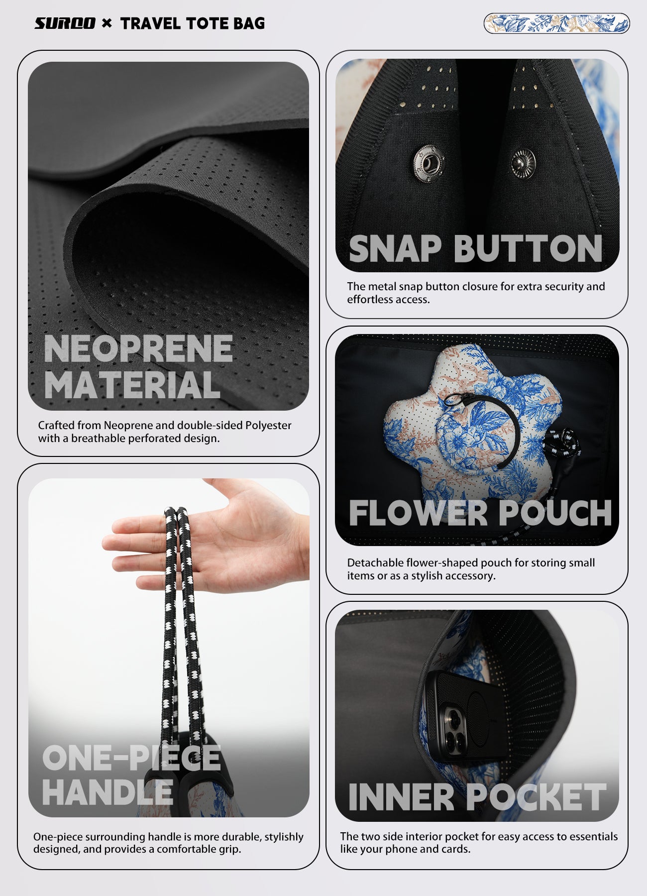 Neoprene Beach Bag – Large Tote for Women (Royal Blooms)