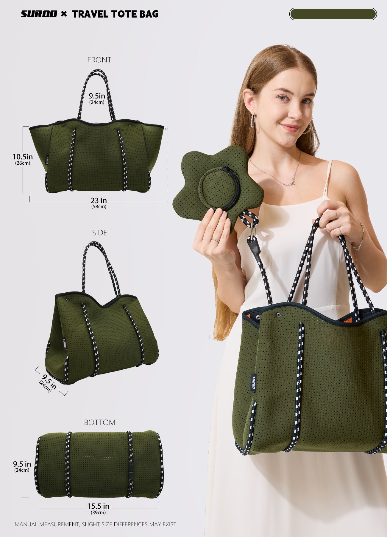 Neoprene Beach Bag – Large Tote for Women(Olive Green)