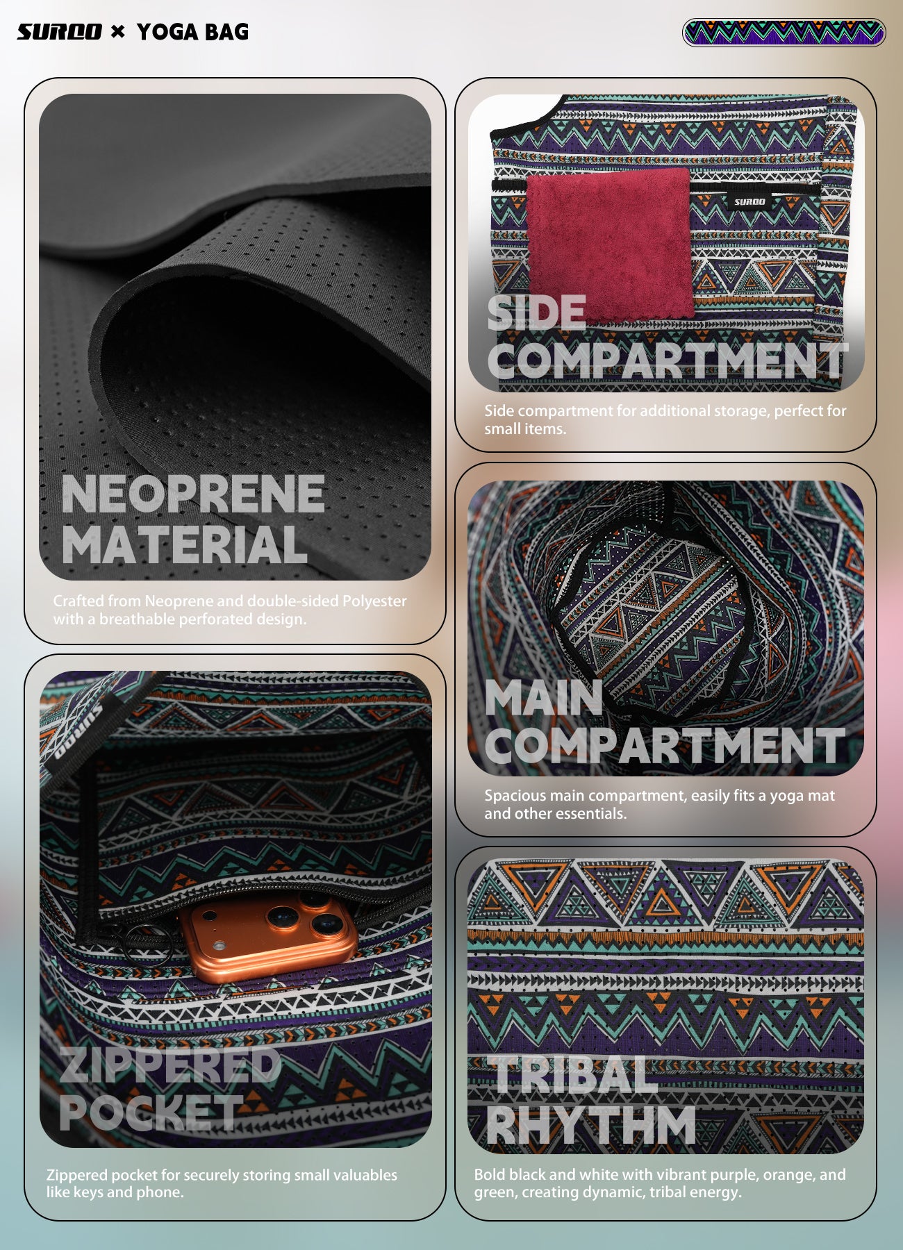 Yoga Mat Bag – Neoprene, Lightweight, Spacious Carrier (Tribal Rhythm)