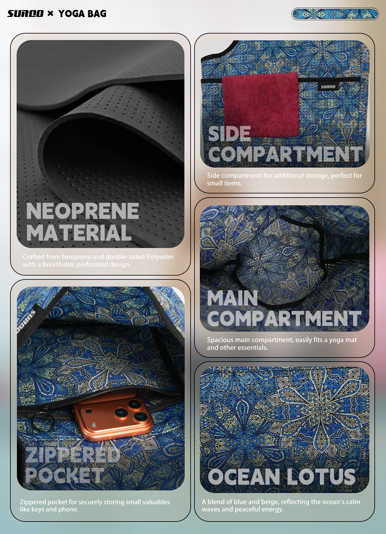 Yoga Mat Bag – Neoprene, Lightweight, Spacious Carrier (Ocean Lotus)