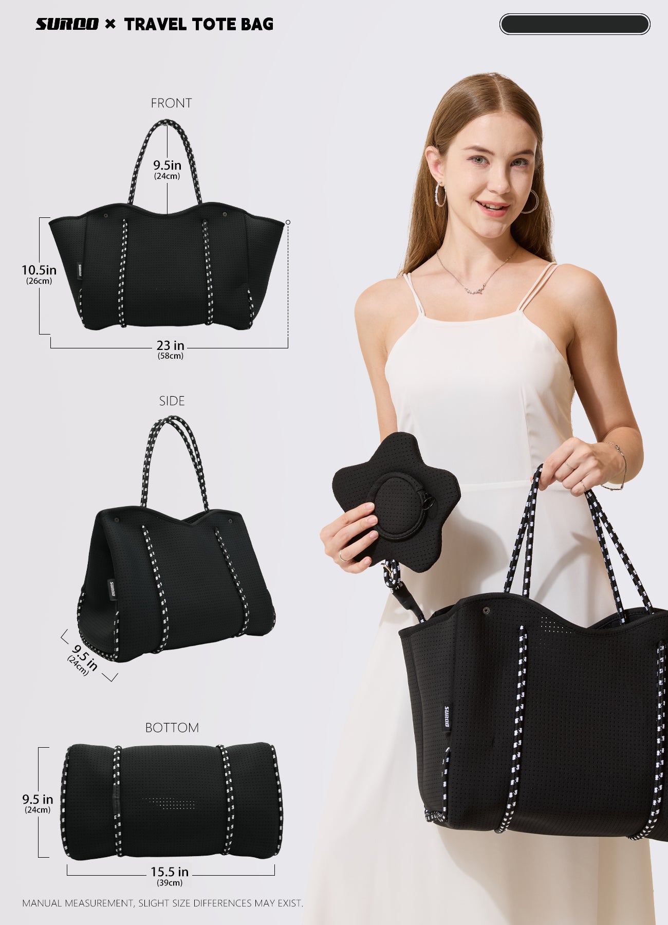 Neoprene Beach Bag – Large Tote for Women (Obsidian Black)