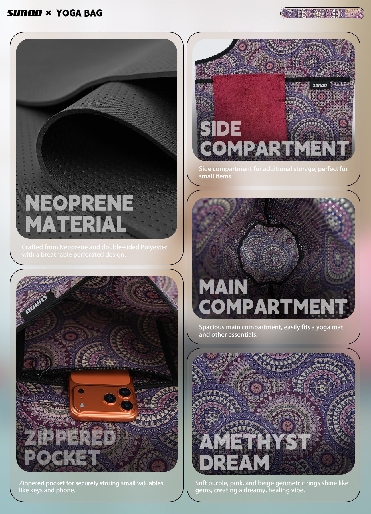 Yoga Mat Bag – Neoprene, Lightweight, Spacious Carrier (Amethyst Dream)