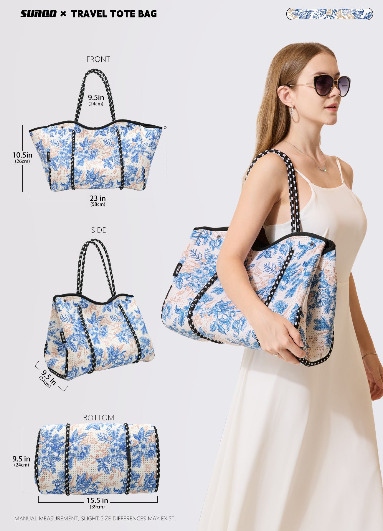 Neoprene Beach Bag – Large Tote for Women (Royal Blooms)