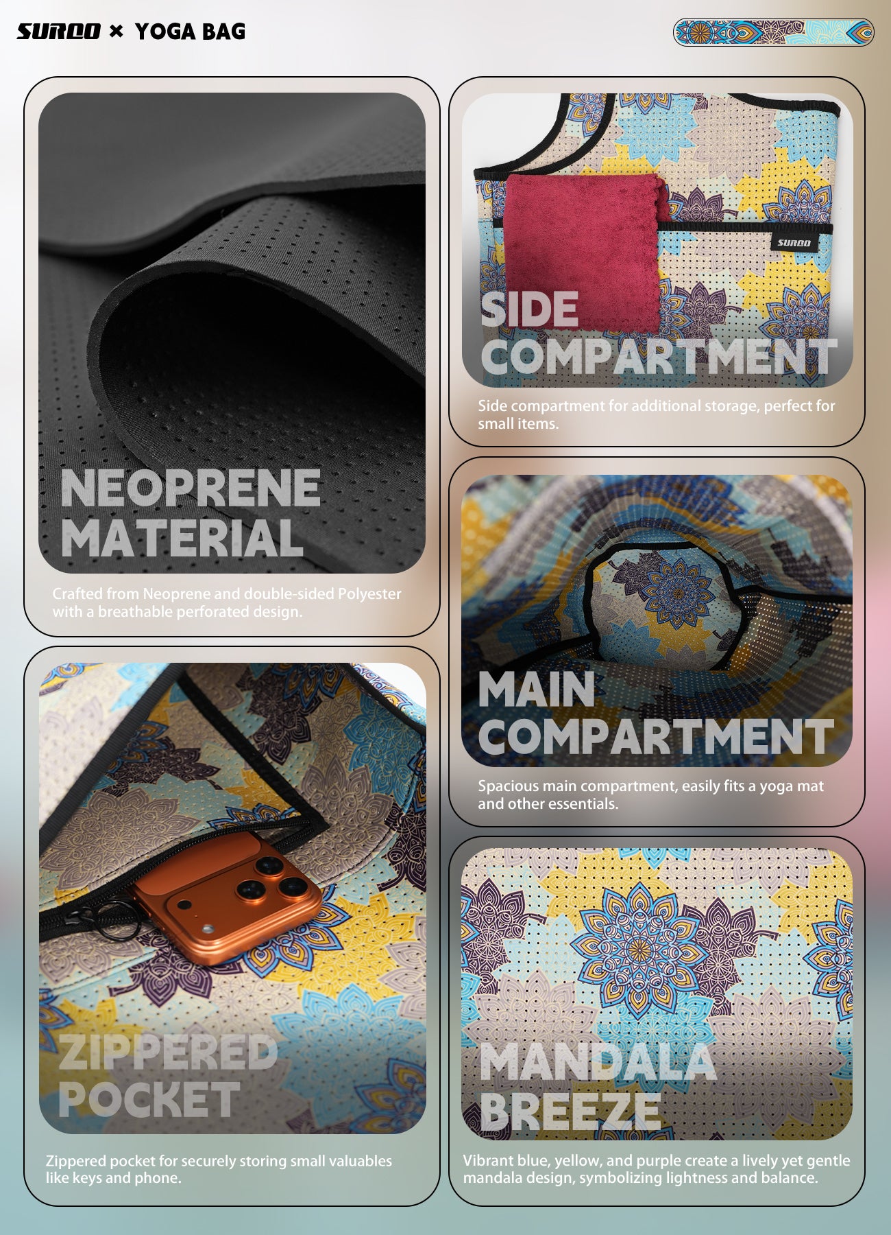 Yoga Mat Bag – Neoprene, Lightweight, Spacious Carrier (Mandala Breeze)