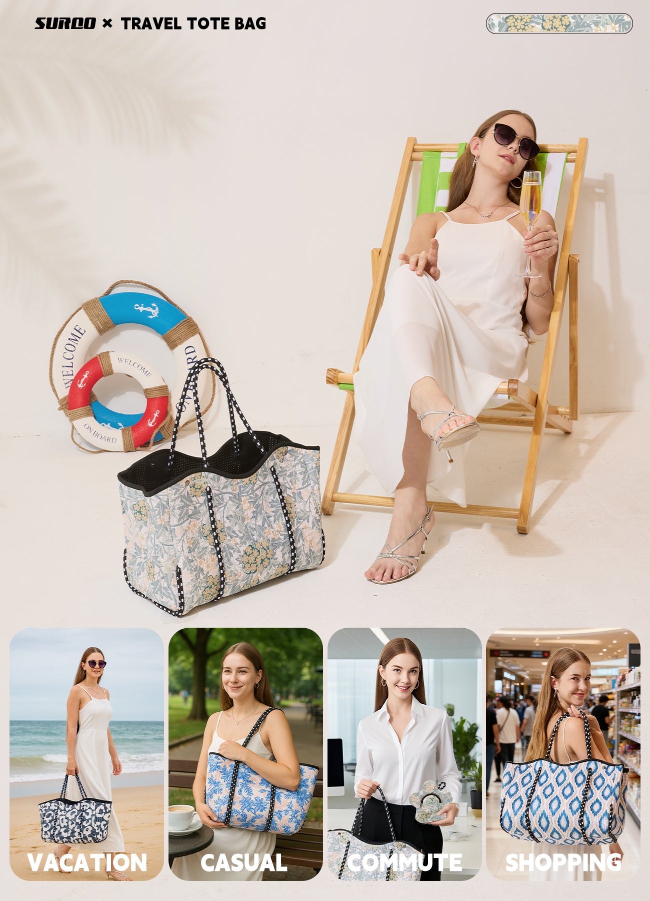 Neoprene Beach Bag – Large Tote for Women (Spring Blossom)