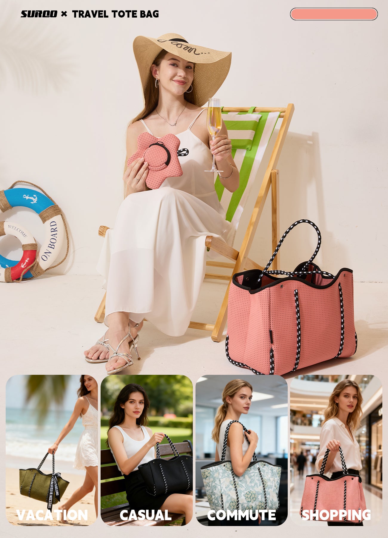 Neoprene Beach Bag – Large Tote for Women (Twilight Pink)