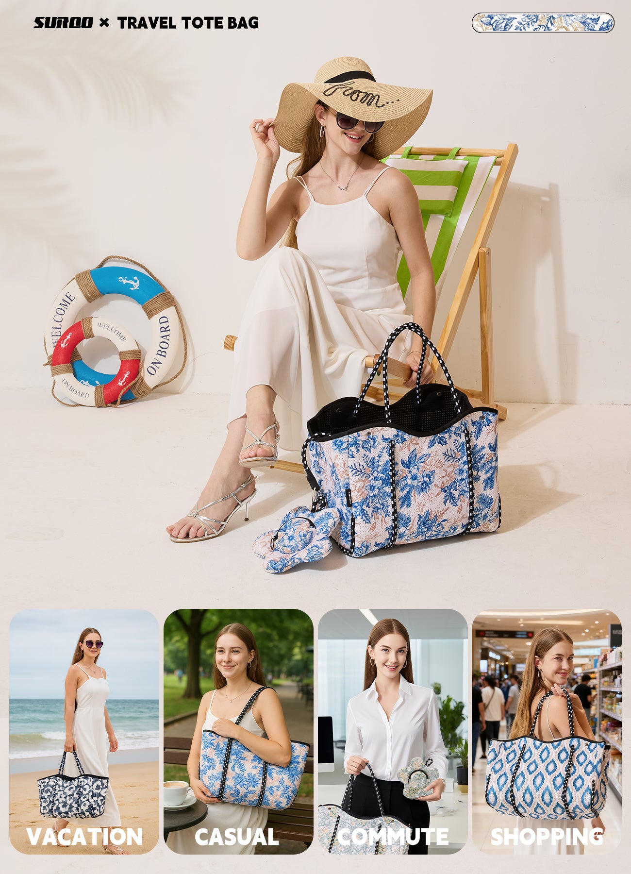 Neoprene Beach Bag – Large Tote for Women (Royal Blooms)