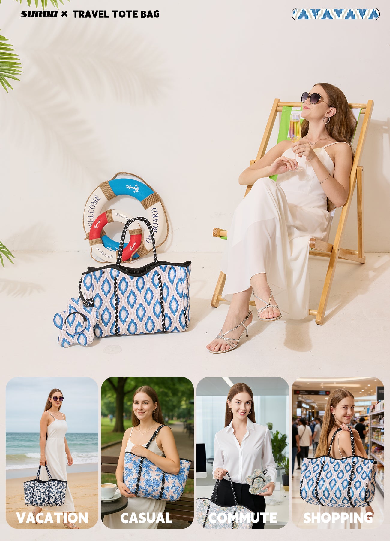 Neoprene Beach Bag – Large Tote for Women (Oceanic Diamond)