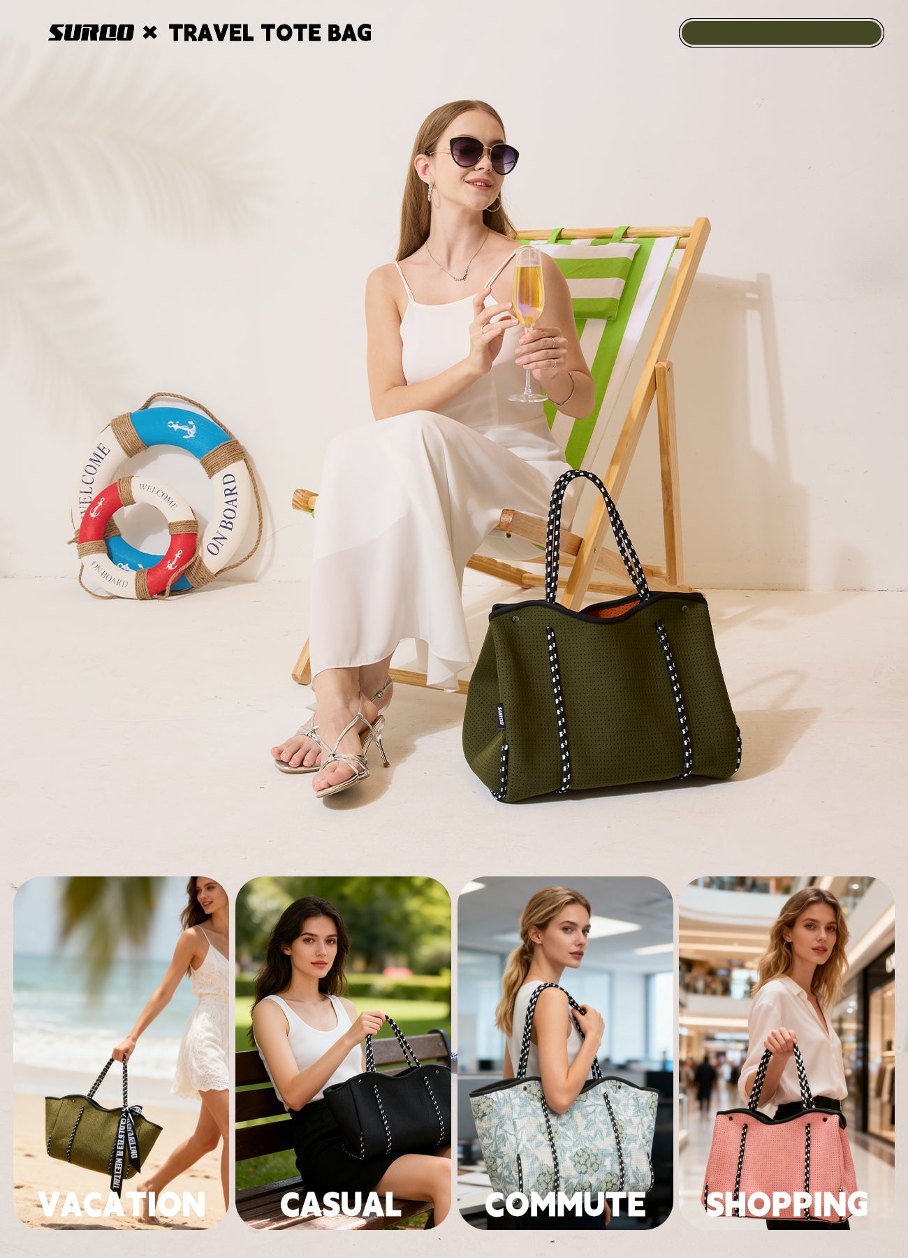 Neoprene Beach Bag – Large Tote for Women(Olive Green)