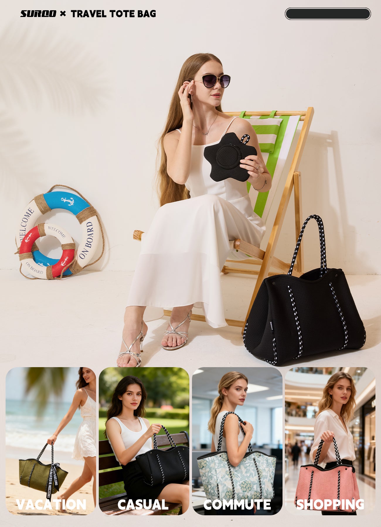 Neoprene Beach Bag – Large Tote for Women (Obsidian Black)